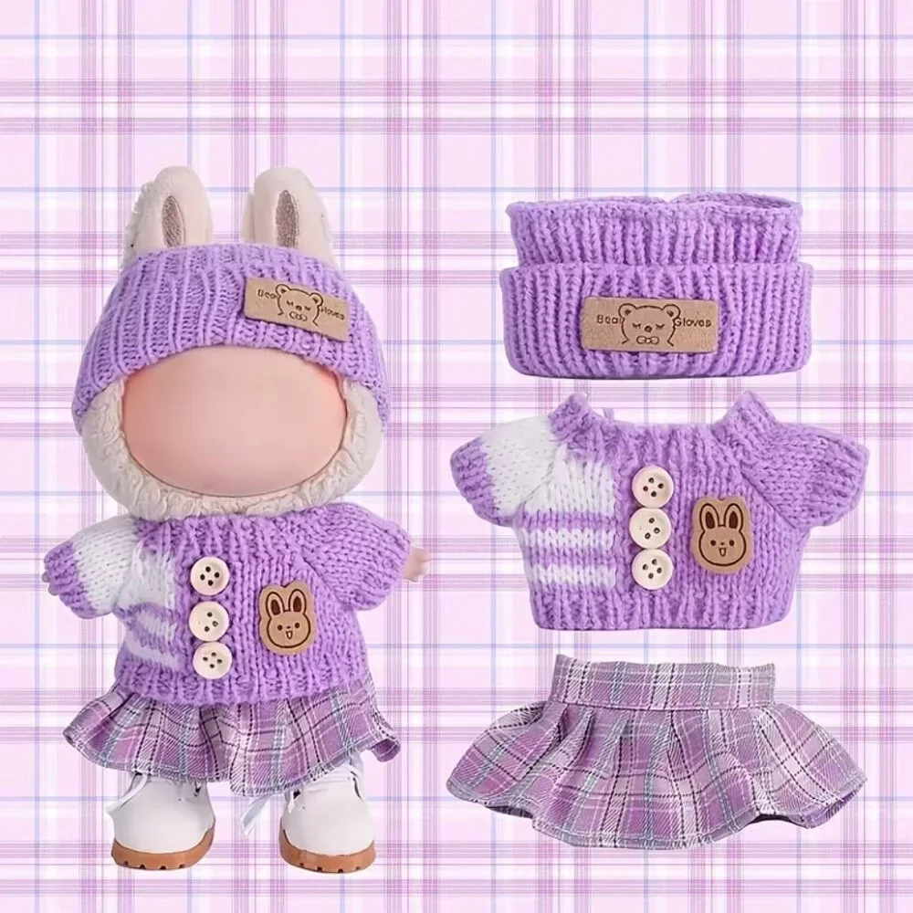 LABUBU Doll Clothes (3-Pc) Purple Sweater Skirt & Hat Outfit Set (NEW & SO CUTE)